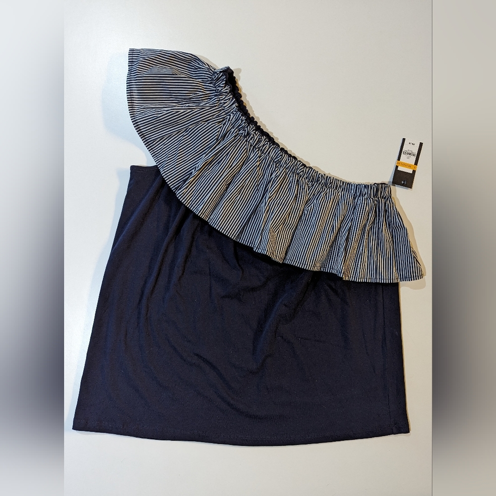 Crown & Ivy One Shoulder Navy & White Ruffle Top Size Small NWT